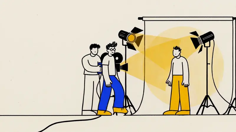 A film camera on a tripod, studio lights and a backdrop, in a hand-drawn illustration