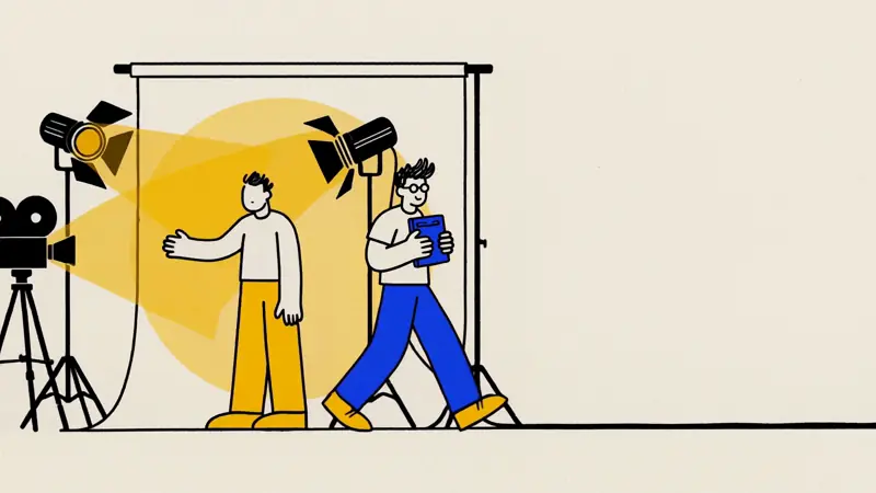 A subject being filmed under two lit studio lamps, in a hand-drawn illustration