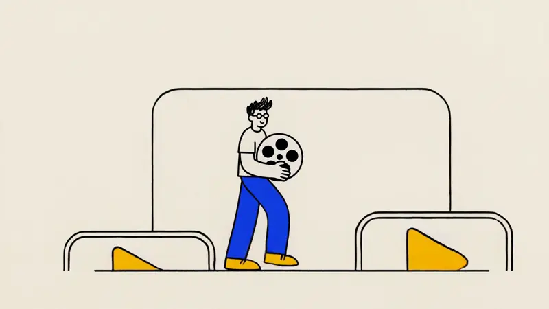 A finished film playing on screens, in a hand-drawn illustration